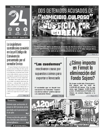 Tapa. Firmat24 periódico. Edición Nro 158. Caso Lorena. Dos acusados por homicidio culposo.