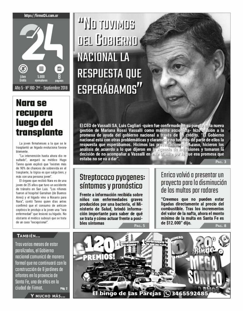 Tapa. Firmat24 periódico. Edición Nro 160.